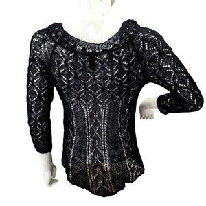 Lucky Brand Open Knit Wool Sweater Lightweight Boat Neck Jumper Women XS/S Black